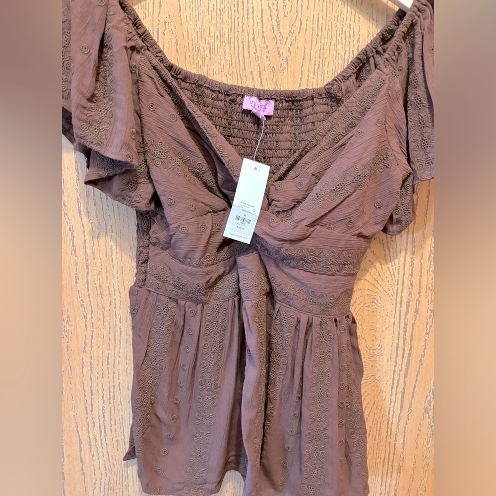 Embroidered twist front brown blouse